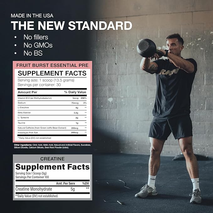 RAW Nutrition Creatine Monohydrate &amp Fruit Burst Pre-Workout Powder Bundle