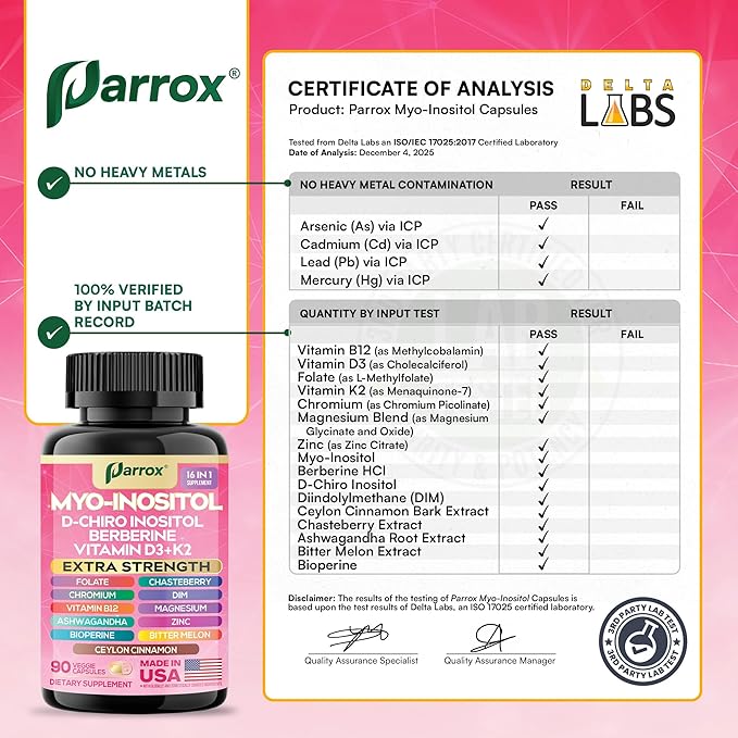 Myo Inositol Supplement D-Chiro Inositol Folate DIM Vitamin D3 B12 K2 Chromium Bioperine Ceylon Cinnamon Zinc Ashwagandha Chasteberry Magnesium Berberine (90 Vegan Capsules)