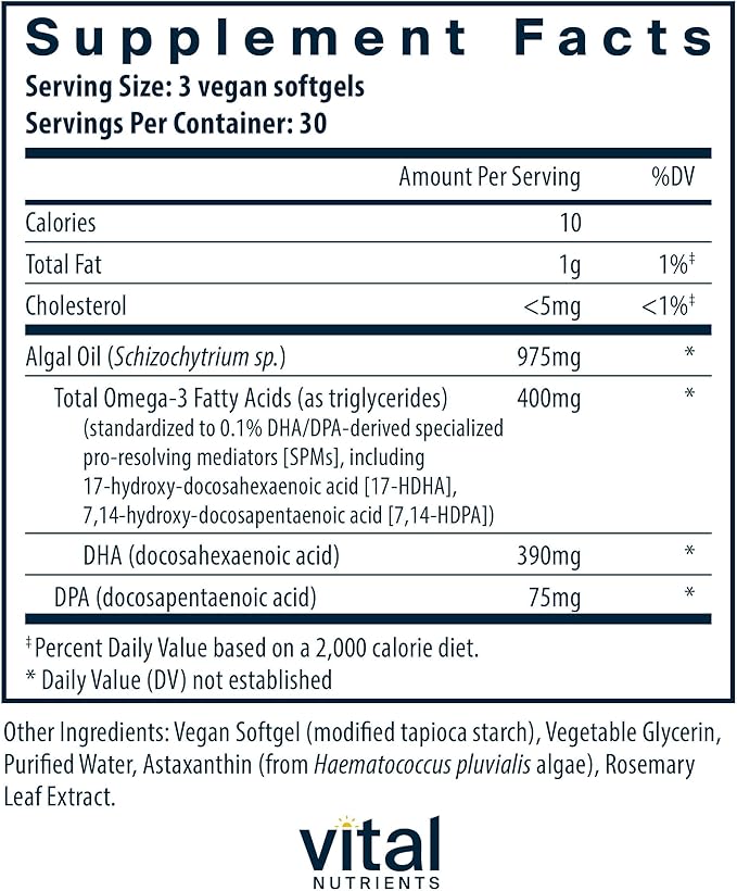 Vital Nutrients Ultra Pure® Vegan Omega SPM+ - Vegan Specialized Pro-Resolving Mediators (SPM) Omega-3 Supplement - Minor Joint Discomfort Relief* - Gluten Dairy Soy Free Non-GMO - 90 Mini Softgels