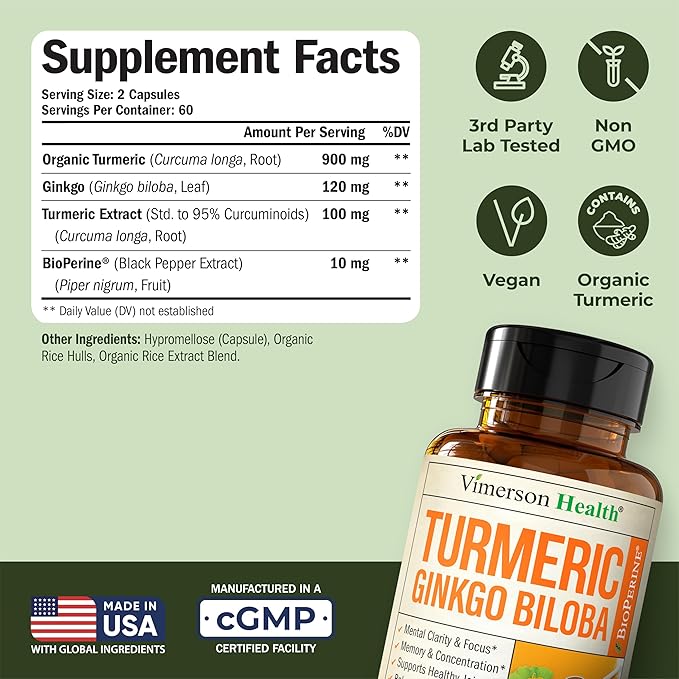 Ginkgo Biloba and Turmeric Curcumin Supplement with Black Pepper &amp Organic Tumeric – Natural Turmeric Supplement for Focus Memory Joint &amp Brain Health – 120 Vegan Ginko Biloba Capsules with