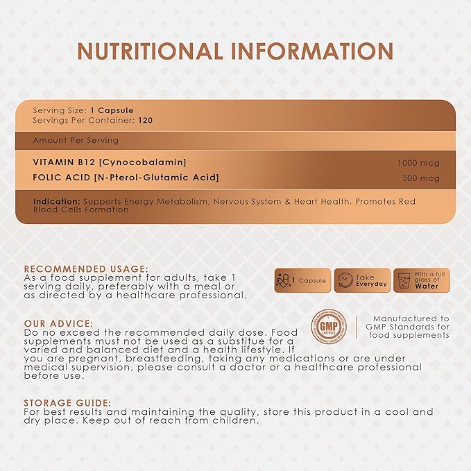 AMBROSIAL Vitamin B12 1000 mcg + 500 mcg Folic Acid Pack of 1-120 Capsules