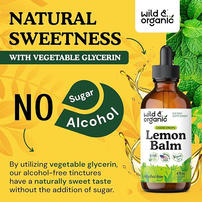 Wild &amp Organic Lemon Balm Tincture - Good Mood Support - Melissa Lemon Balm Extract Drops - Add to Tea for Relaxation - Vegan Sugar &amp Alcohol-Free Leaf Supplement - 4 fl oz