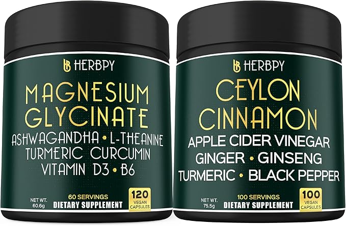 Bundle 6in1 Magnesium Glycinate Supplements &amp 6in1 Premium Ceylon Cinnamon Supplements - Relaxation Restful Day &amp Night Immune Heart Digestion &amp Body Balance Support
