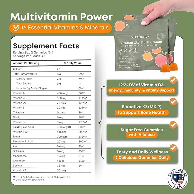 Multivitamin Women Gummies with Vitamin D3 K2 16 Essential Vitamins and Minerals Bone Heart and Immune Support Vegan Sugar-Free Mango Orange Flavor Portable Pouch Made in USA 60 Ct
