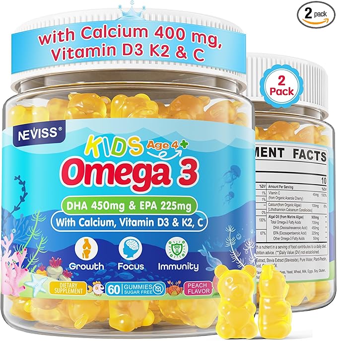 Kids Omega 3 Gummies + Calcium 400mg + Vitamin D3 K2 + C Omega-3 DHA &amp EPA Supplement - No Fish Burps No Sugar - Kids &amp Teens Omḛga 3 + Multivitamin Gummy for Strong Bones Brain Immune Ey