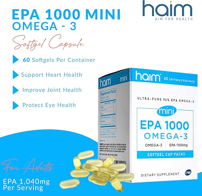 HAIM EPA1000 MINI – Pure EPA Fish Oil Supplement – 1000mg Omega-3 for Heart Brain &amp Joint Health – High Potency Burpless Softgels – Small Easy-to-Swallow Capsules – 60 Softgels – Made in USA