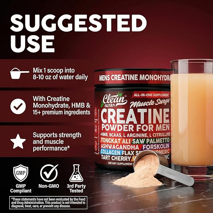 Clean Nutra Creatine Powder for Men + HMB BCAA L Arginine L Citrulline Tongkat Ali Saw Palmetto Ashwagandha Collagen Flax Seed Turmeric Preworkout Stevia Nitric Oxide L Glutamine Amino Acids