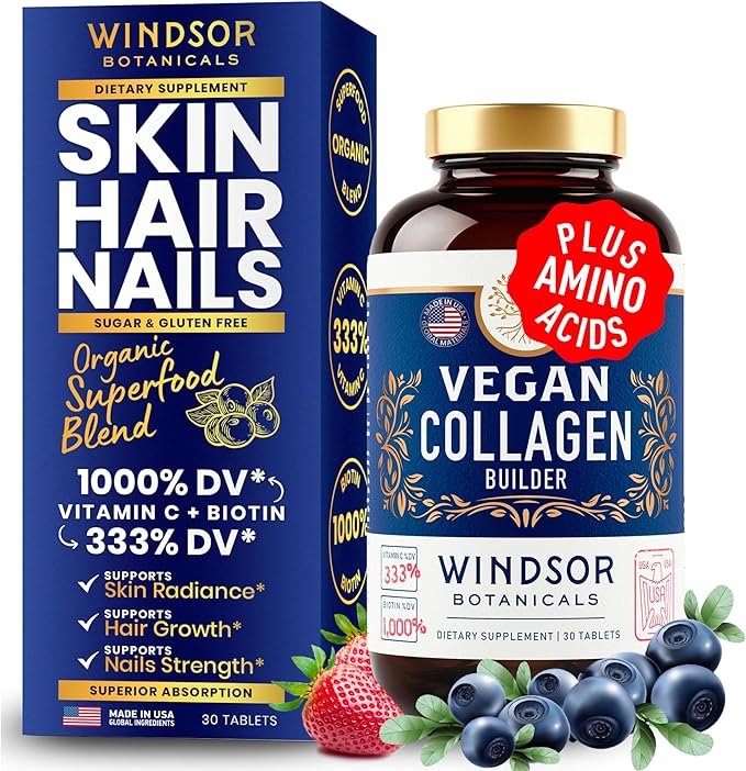 Vegan Collagen for Women and Men Supplements - Vitamin C Biotin Amino Acids Glycine Lysine Proline Organic Fruit &amp Vegetable Powder - Once A Day - 30 Plant Based Collagen Boost Tablets