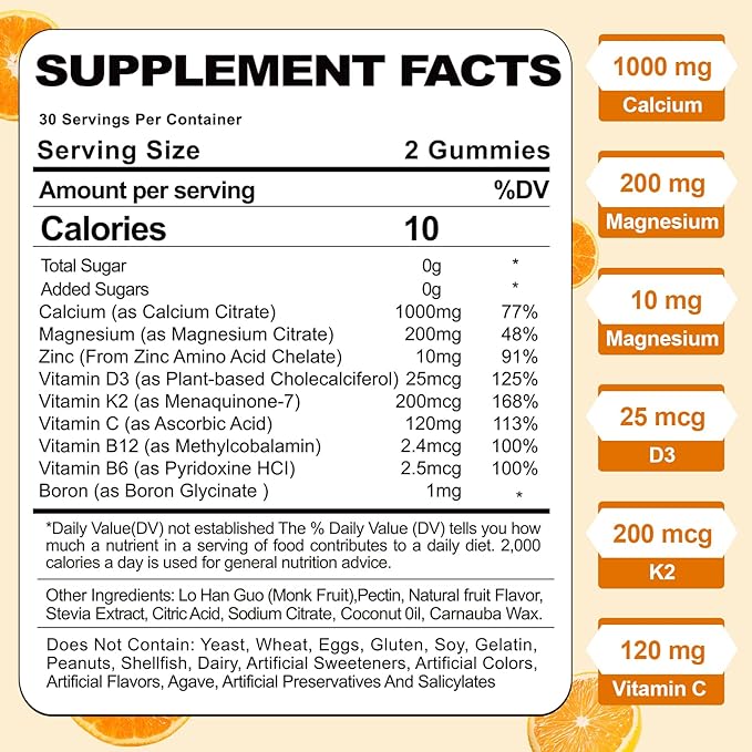 Calcium Magnesium Zinc Gummies for Adult: Organic 1000mg Calcium Citrate Magnesium Supplement with D3 K2 B6 B12 - Sugar Free High Absorption Supplement for Women Men (60 Count(Pack of 2))