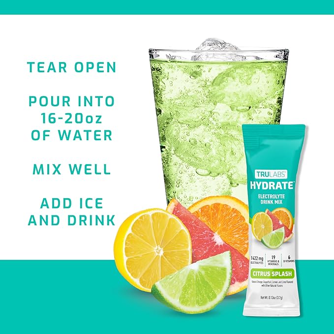 TRULABS Hydrate - Citrus Splash. Sugar Free Electrolytes Hydration Packets. Each Serving Contains 1422 mg of Electrolytes &amp19 Vitamins &amp Minerals (16 ct)