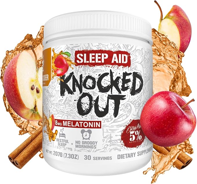 5% Nutrition Rich Piana Knocked Out Natural Sleep Aid | Post-Workout Recovery &amp Deep Sleep Supplement | GABA Melatonin Chamomile Tyrosine 5-HTP &amp More | 7.3 oz 30 Servings (Apple Cider)