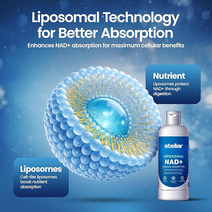 Stellar Liposomal NAD+ Liquid Supplement – Premium Absorption for Healthy Aging &amp Cellular Energy – Non-GMO Gluten-Free Third-Party Tested – 4 fl oz (120 mL)