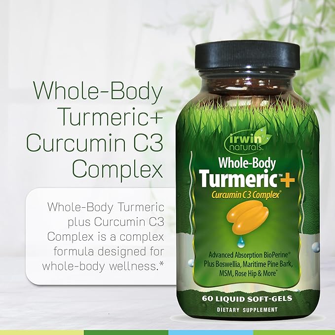 Irwin Naturals Whole-Body Turmeric + Curcumin C3 Complex - 120 Liquid Soft-Gels - with Boswellia Maritime Pine Bark MSM &amp Rose Hip
