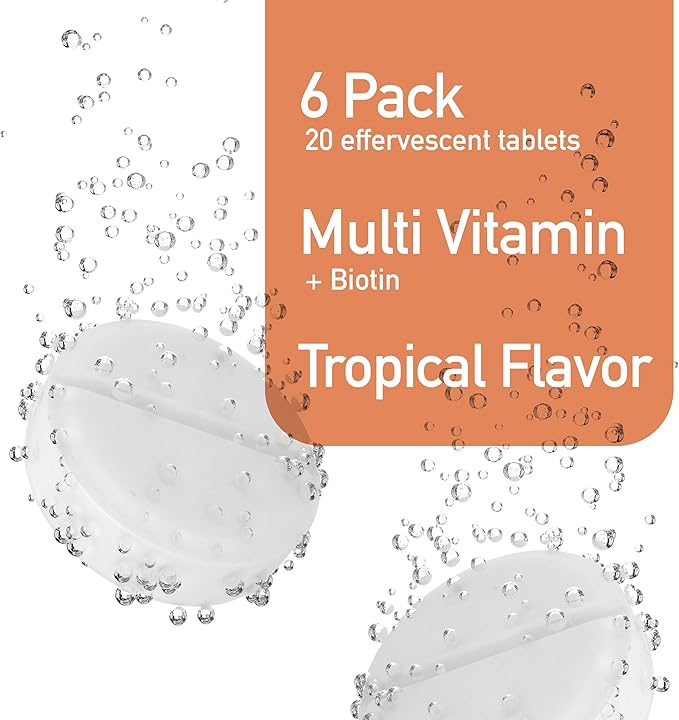 Effervescent Multivitamins + Biotin for Wellness and Vitality Dietary Supplement with Vitamins C E B1 B2 B6 B12 A and D3 6-Pack 120 Tablets