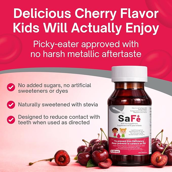 Safe+ Liquid Iron Supplement for Kids &amp Infants 10 mg/mL Carbonyl Iron Liquid Gentle on Stomach No Artificial Sweeteners or Dyes Great-Tasting Cherry Flavor 4 oz