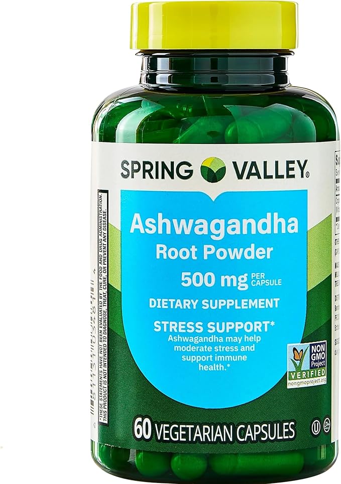 Ashwagandha Root Powder Capsules 500mg from Spring Valley - Natural Stress Relief &amp Energy Support Supplement 60 Count with Luall’s 45 Diabetes Decoded