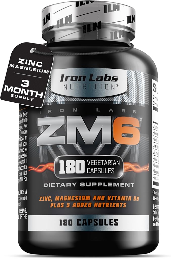 Iron Labs ZM6 - High Strength Zinc and Magnesium Supplement - 180 Vegetarian Capsules (3 Month Supply) - Super Enhanced Zinc Magnesium Aspartate and B6 Complex