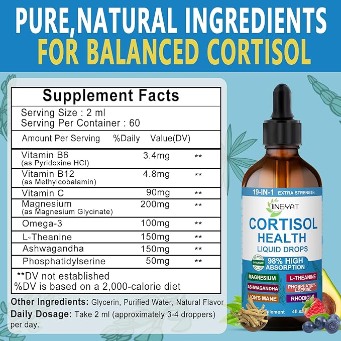 Cortisol Supplements for Women - Cortisol Support Liquid Drops for Hormone BalanceMoodFocus - Liquid Cortisol Health w/MagnesiumL-TheanineAshwagandhaOmega-3 - Non-GMO2 Month Supply