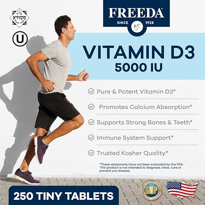 FREEDA Vitamin D3-5000 IU - Pure High Potency Kosher Supplement Tablets - Bone and Muscle Health Calcium Absorption Immune Support for Men and Women* - 250 Count