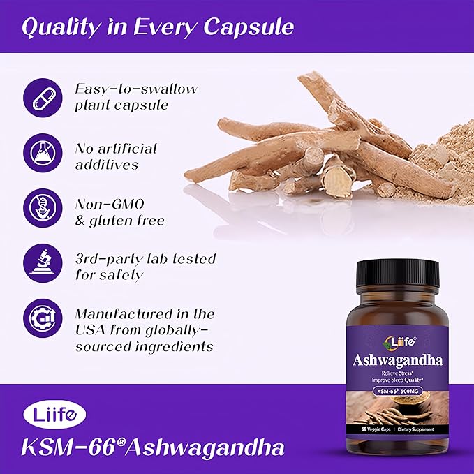 LIIFE KSM-66 Ashwagandha 600mg | with L-Theanine &ampBlack Pepper| Natural Stress Relief Cortisol &amp Sleep Aid Supplement for Men &amp Women | Muscle Growth &amp Mood Relaxation Energy |60 Veg