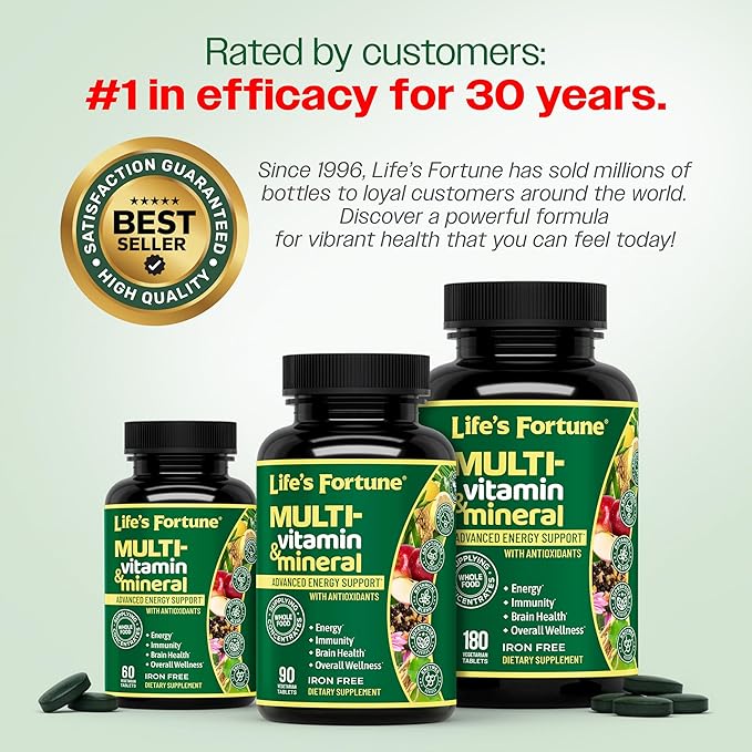 Life's Fortune Whole Food Multivitamin &amp Mineral Supplement for Men &amp Women | Daily Energy Support Vitamins | Immune Brain &amp Metabolism Support | Iron Free 60 Vegetarian Tablets