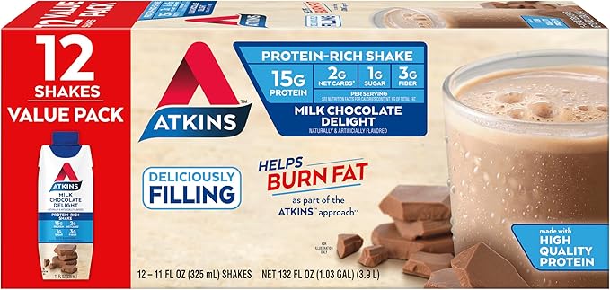 Atkins Peanut Butter Granola Protein Meal Bar High Fiber 16g Protein 1g Sugar 4g Net Carb &amp Milk Chocolate Delight Protein Shake 15g Protein Low Glycemic 2g Net Carb 1g Sugar