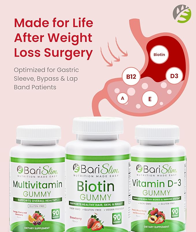 BariSlim Bariatric Multivitamin Gummies - Specially Formulated Gummy Vitamin for Patients After Weight Loss Surgery - Easy to Digest &amp Great Tasting Fruit Flavors | Pack of 3 | 90 Fruit Chews