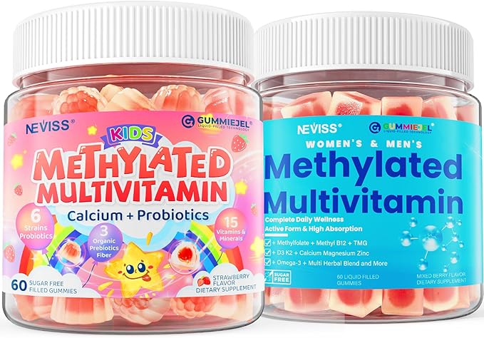 Kids Multivitamin Gummies + Calcium Probiotics Vitamin D3 C Methylated B12 &amp Methylfolate for Kids 4+ + Methylated Multivitamin for Women &amp Men Gummies w/ Omega-3 Calcium D3 K2 &amp B