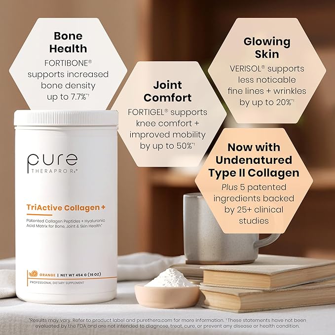 Pure Therapro Rx TriActive Collagen+ Orange Collagen Powder for Hair Skin Nails Bones &amp Joints Hydrolyzed Collagen Powder w/Patented Peptides - Multi Collagen Protein Powder 30 Servings (Ora