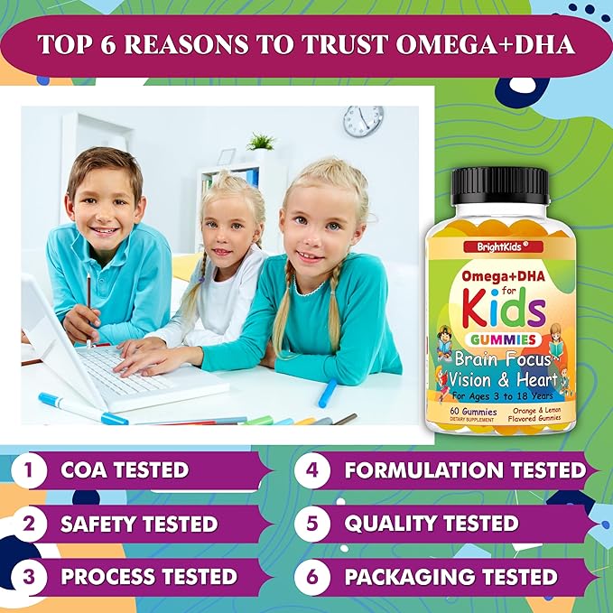 BrightKids Omega 3 Focus Gummies for Kids &amp Teens – Kids Focus and Attention Supplements for Memory &amp Learning – Focus Gummies for Teens Omega DHA Supplement Fruity Flavor (60 Gummies)