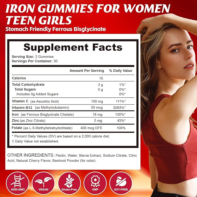 Iron Gummies for Teen Girls Gentle Iron Bisglycinate with Vitamin C Iron Supplement Plus Folate Energy &amp Anemia Support Chewable Sugar Free 60 Gummies