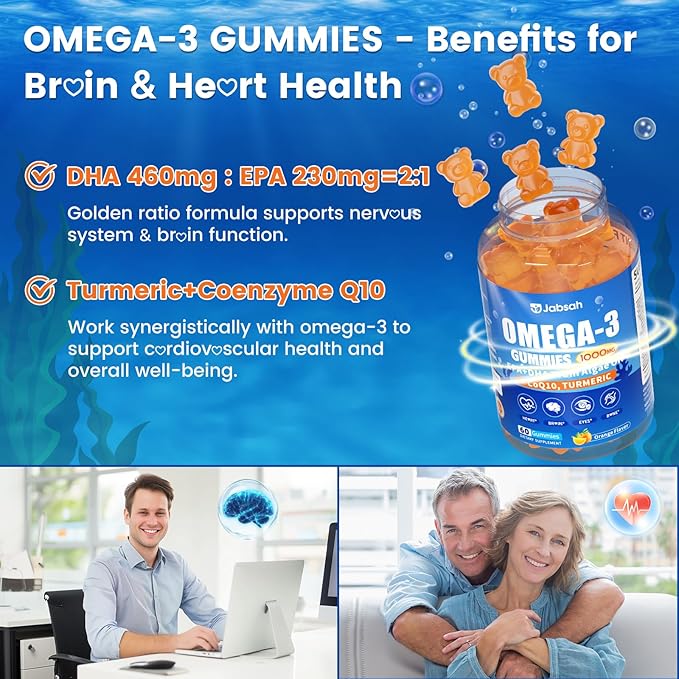 Vegan Omega-3 Gummies 1000mg from Algae Oil (DHA 460mg &amp EPA 230mg) Omega 3 Fish Oil Alternative for Adults Plus Turmeric &amp CoQ10 for Brain Eye &amp Immune Health No Fishy Taste Sugar Fr