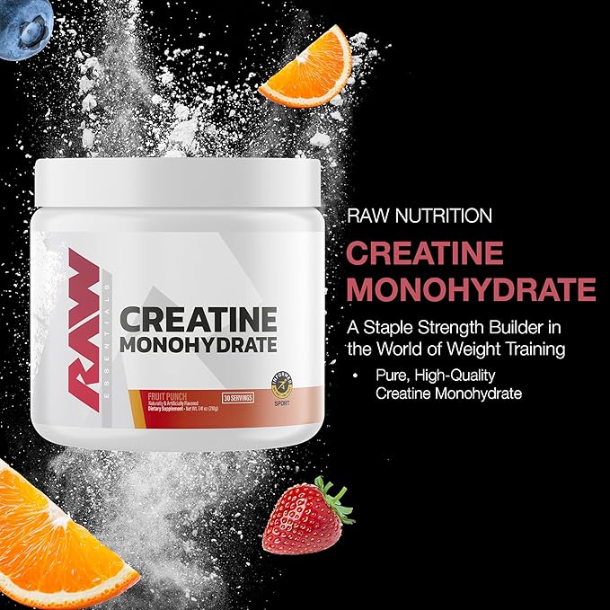 RAW Nutrition Creatine Monohydrate Powder Fruit Punch (30 Servings) - Micronized Creatine Monohydrate Supplement for Workout Performance Build Muscle &amp Strength - Creatine Powder for Men &amp W