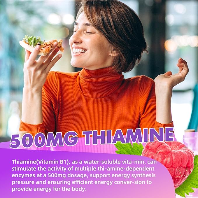 2 Pack Vitamin B1 Gummies 500mg for Adults &amp Kids – High Potency Thiamine B1 Supplement for Energy &amp Nervous System Support Sugar-Free Raspberry Flavor 120 Count
