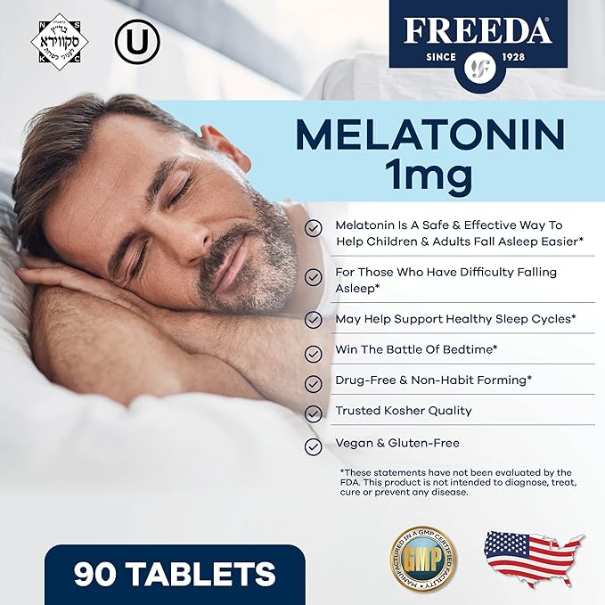 FREEDA Melatonin 1 mg Sugar-Free Chewable Tablets – Natural Fruit Flavor Sleep Aid for Adults and Kids Ages 3 and Up – Non-Habit Forming Vegan Gluten-Free Kosher – Made in USA (180 Count)