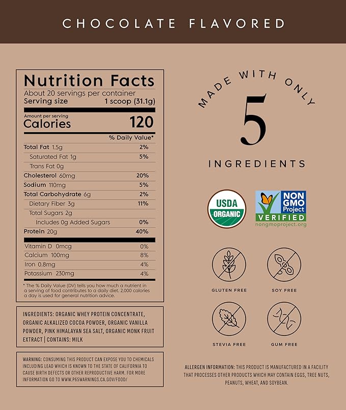 Truvani Organic Whey Protein Powder | Chocolate | 20g Grass Fed Whey Protein | 20 Servings | USDA Organic &amp Non-GMO | Gluten Free | No Gums No Soy No Stevia No Added Sugars