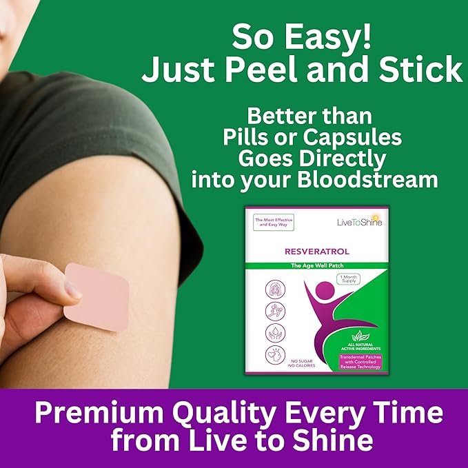 Live To Shine Resveratrol Patch - Transdermal Topical Plant-Based Antioxidant Support for Healthy Aging and Wellness - 30 Patches for Women and Men - USA Made