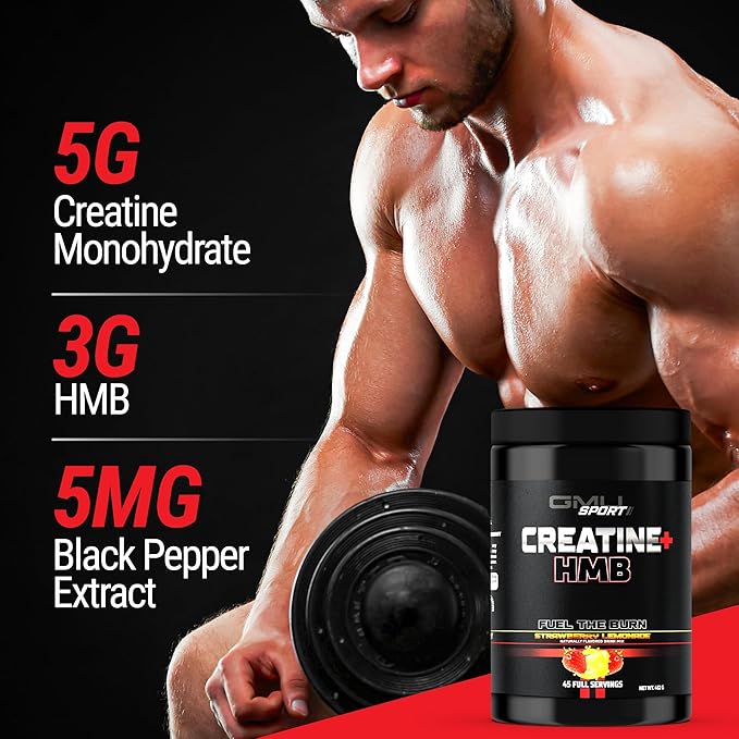 GMU SPORT Creatine 2.0 –Flavored Creatine + HMB Powder | 45 Servings |5g Creatine Monohydrate + 3g HMB + Piperine |Strength Recovery &amp Muscle Builder | Strawberry Lemonade Drink Mix for Men &amp