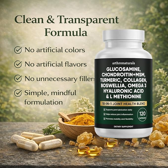 Arthronaturals Herbal 18-in-1 Joint Support Blend Daily Supplement with Glucosamine Chondroitin MSM and Turmeric Clean Formula for Active Adult Daily Routine 120 Capsules (2)