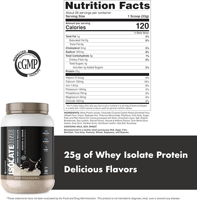 NutraOne IsolateOne Whey Isolate Protein Powder 100% Pure Whey Isolate Powder (Cookies &amp Cream - 28 Servings)