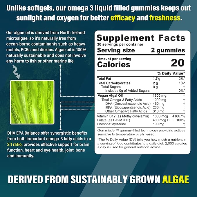 Vegan Omega 3 Gummies 1000mg with Vegan Multivitamin for Women Men with Iron Vitamin B12 A D3 K2 Algae Omega 3 Magnesium Zinc