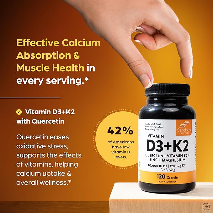 Sandhu's Vitamin D3 K2 Magnesium 10000 IU 120mcg K2 Capsules 120 Count (Pack of 1) | with VIT B6 Zinc &amp Quercetin | D3K2 Supports Superior Absorption Energy Immune Muscle Health for Men &amp