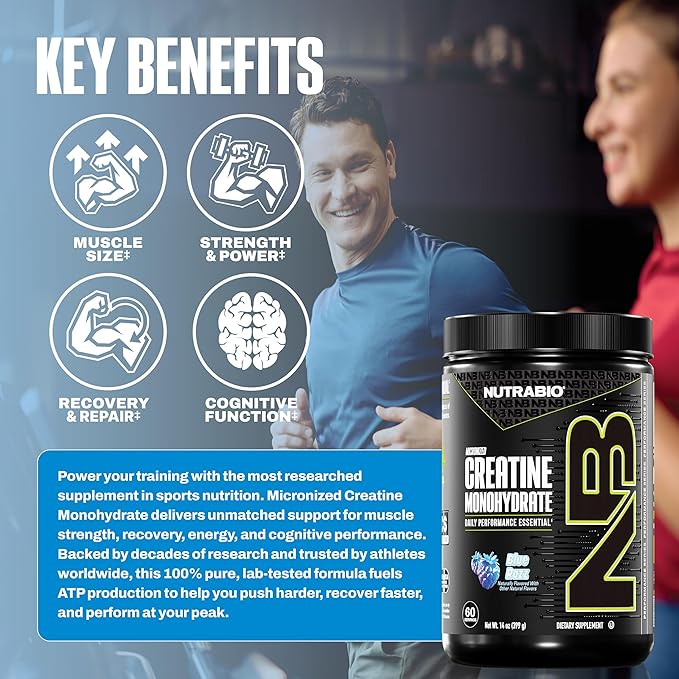 NutraBio Pure Micronized Creatine Monohydrate Powder Supplement Blue Razz (300 g) - Supports Bulk Muscle Energy Recovery and Strength - HPLC Tested Creatine Powder Supplement for Men and Women