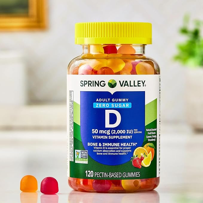 SUREFECT Spring Valley Zero Sugar Vitamin D 50 mcg (2000 IU) Gummies Bone &amp Immune Support - 120 Count Organizer