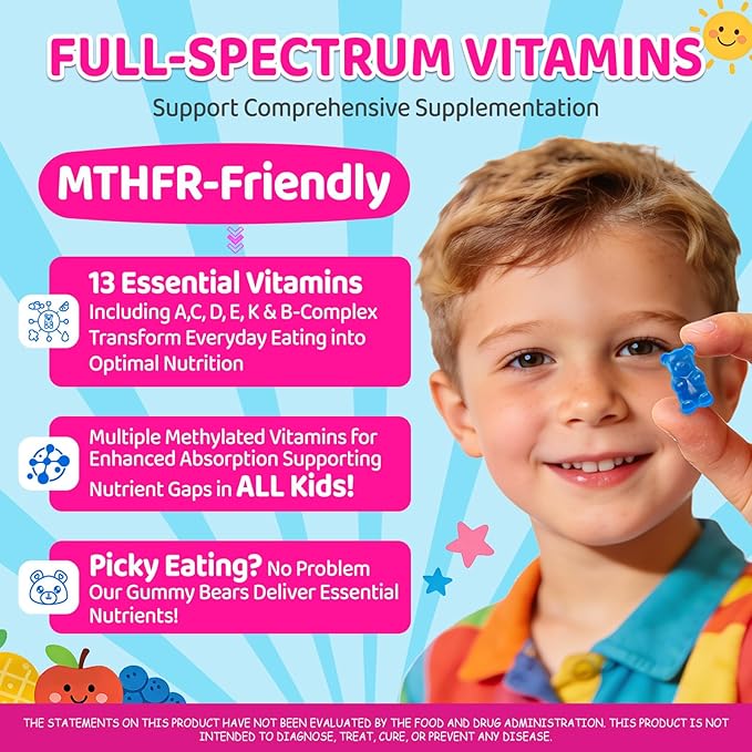 Kids Methylated Multivitamin - MTHFR Multivitamin for Kids &amp Teens 4+ L Methylfolate &amp B12 13 Vitamins Vegan Omega-3 Zinc Probiotics &amp Elderberry Immune Support Brain Health Sugar-