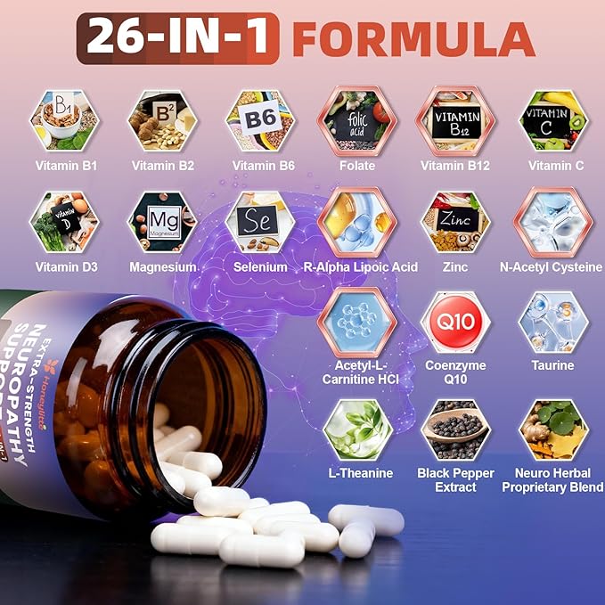 Alpha Lipoic Acid Neuropathy Supplements - with 600mg R-Alpha Lipoic Acid NAC ALC Active Vitamin B12 B1 B2 B6 Magnesium - for Nerve Heath Liver Detox Antioxidant &amp Mental Support