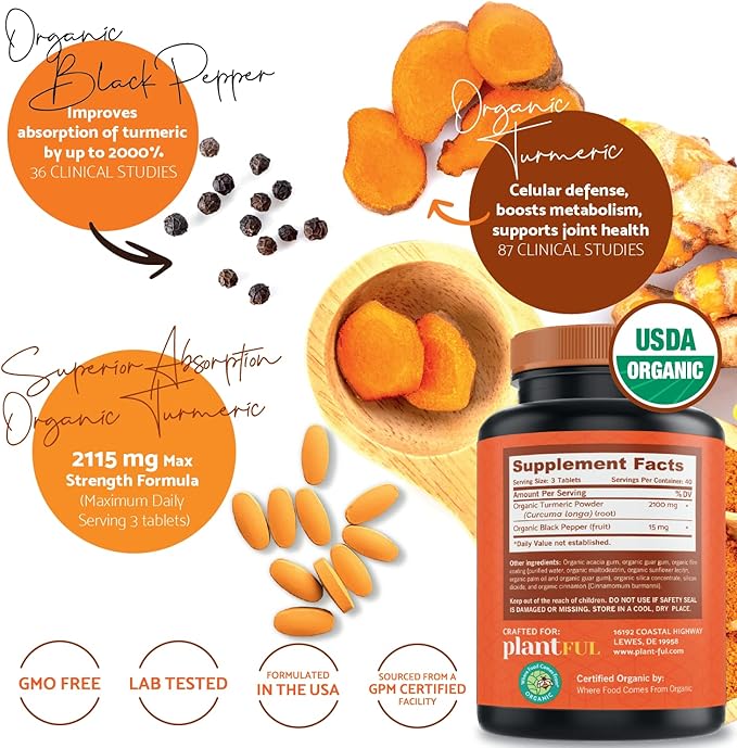 Organic Turmeric Supplement with Black Pepper Highest Potency USDA Certified [Non-GMO Organic Curcumin 2115mg] Antioxidant Joint &amp Immune Support 120 Tablets
