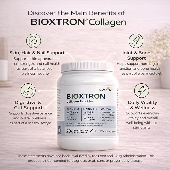 Bioxtron Collagen Peptides Powder - Unflavored Type I Bovine with Stem Cell Renewal for Hair Nail Skin Gut Bone &amp Joint Health Support - Hyaluronic Acid Protein Biotin - 600g (30 Servings)