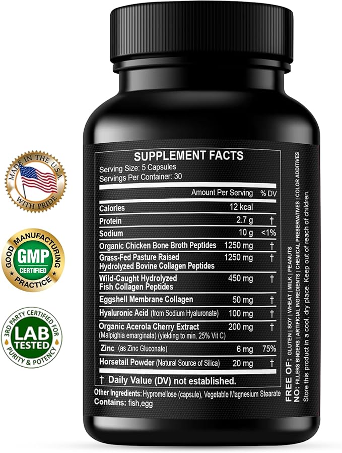 HCL HERBAL CODE LABS Collagen Peptides Powder with Vitamin C &amp Hyaluronic Acid - Cleanest Sources &amp Super High Absorption - Hydrolyzed Multi Type I II III V X - Skin Hair Supplement (Capsu