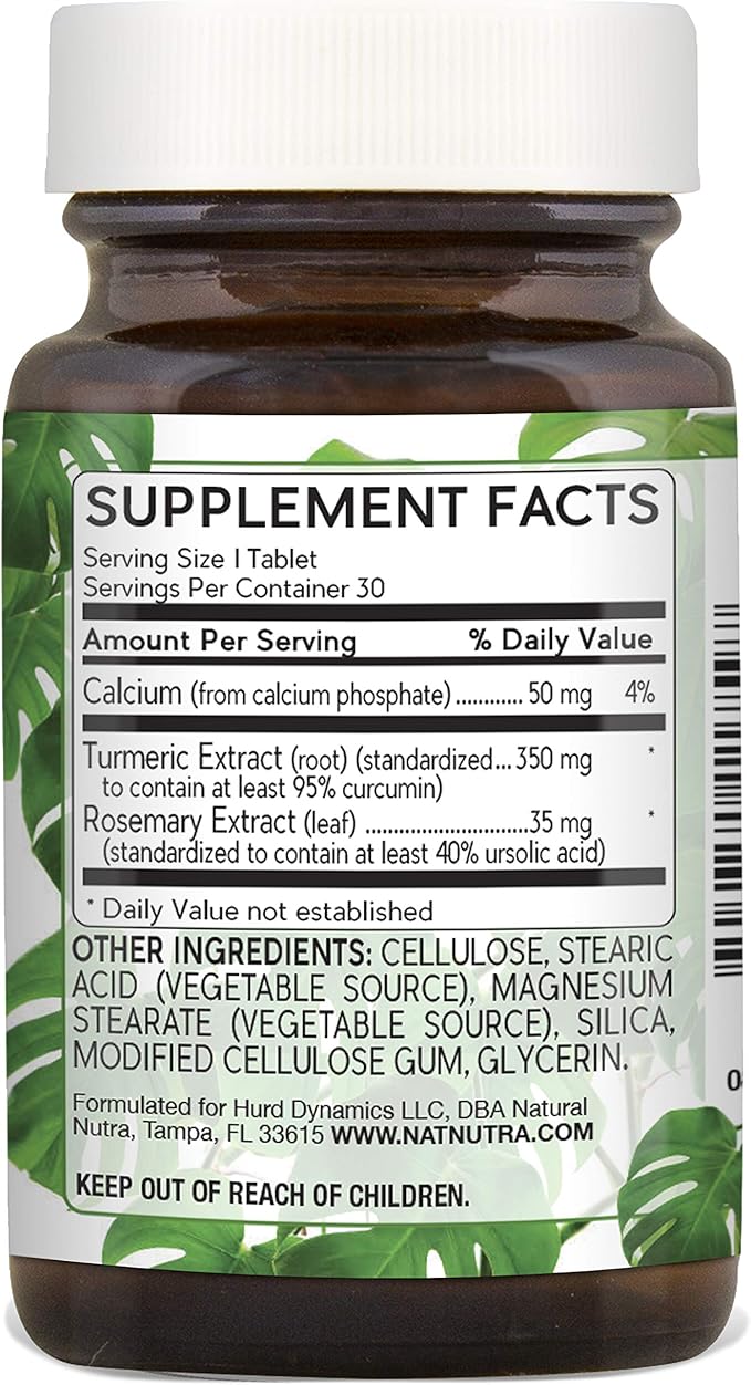 Natural Nutra Turmeric Curcumin with 95% Curcuminoids Extract Supplement with Rosemary for Brain Health Enhances Memory and Improves Concentration Improve Digestion 350 mg 30 Vegan Tablets